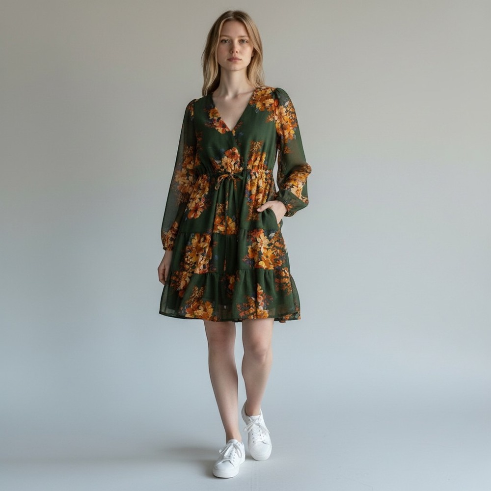 Altar'd State Tristan Dress Womens L Green Floral Faux Wrap Tiered Boho